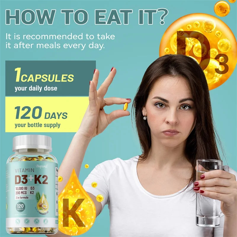 Vitamin D3 + K2 Dietary Supplement for Adults - 30/60/120 Capsules