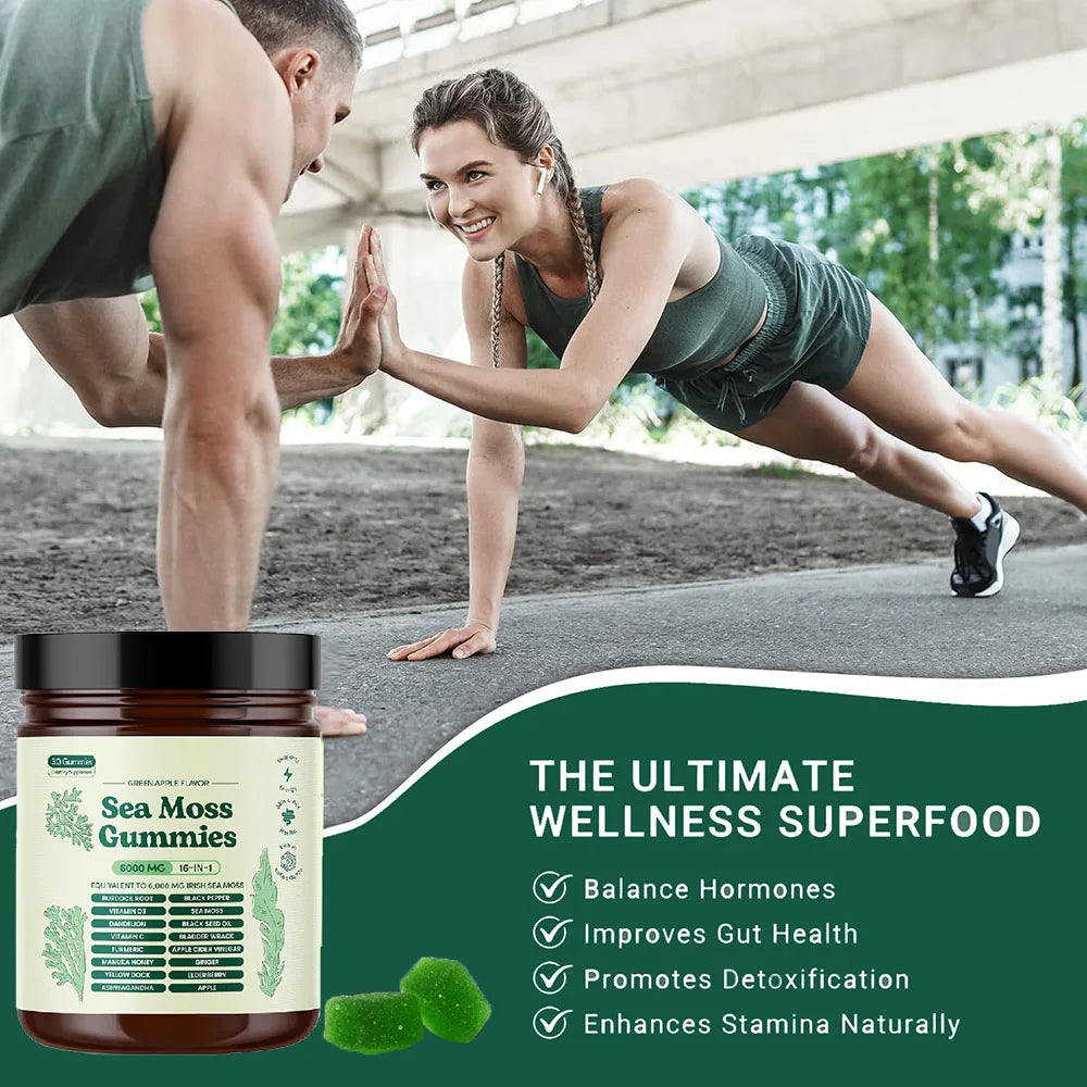 Sea Moss Gummies 16 in 1, 6000mg Black SeedOil, Ashwagandha, Burdockroot - Vegan Sea Moss Gummy for Adults Kids Men Women