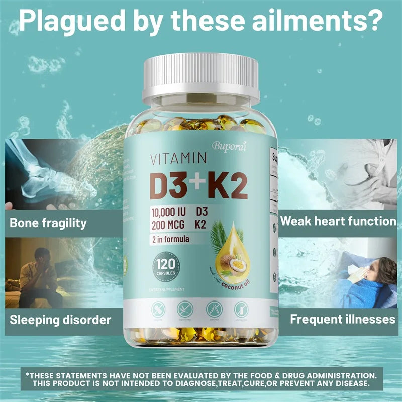Vitamin D3 + K2 Dietary Supplement for Adults - 30/60/120 Capsules