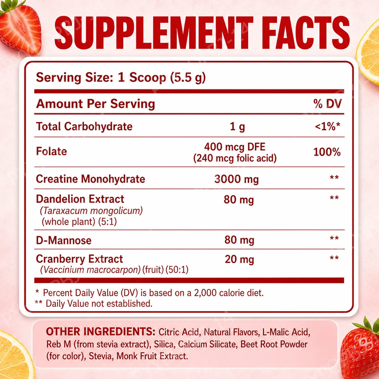 Creatine Monohydrate Powder 3000mg with Folate, Strawberry Lemonade Flavor, 275g