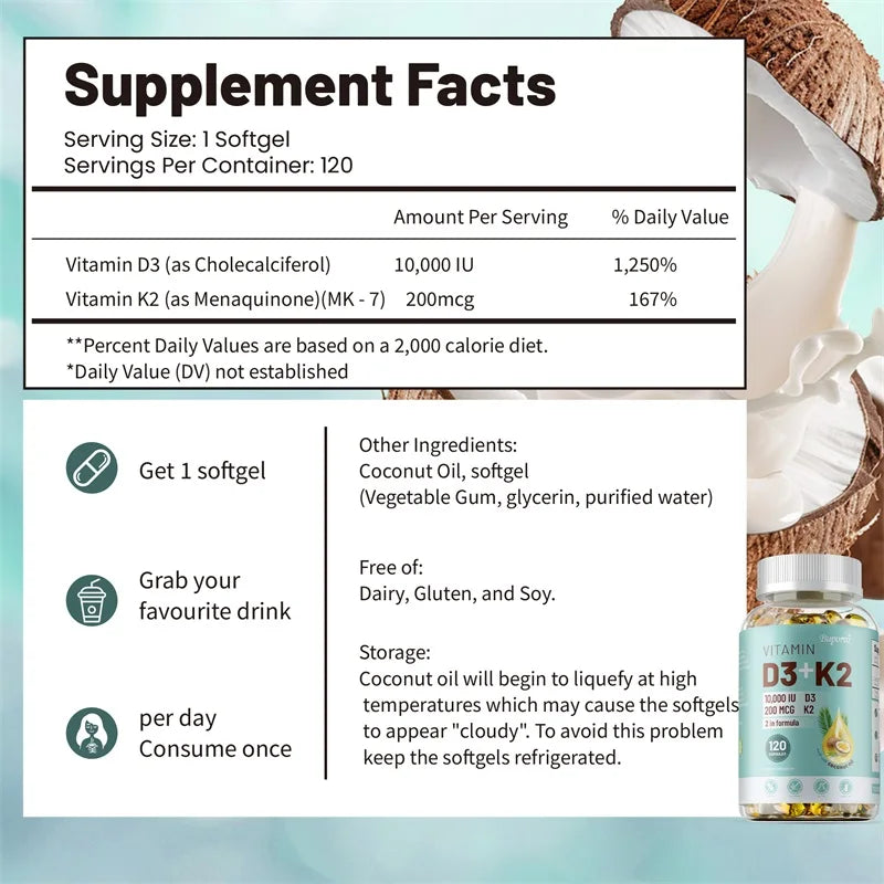 Vitamin D3 + K2 Dietary Supplement for Adults - 30/60/120 Capsules