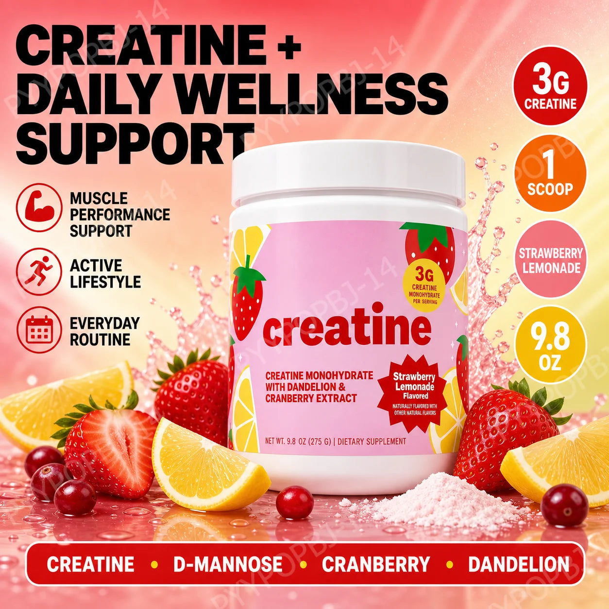 Creatine Monohydrate Powder 3000mg with Folate, Strawberry Lemonade Flavor, 275g