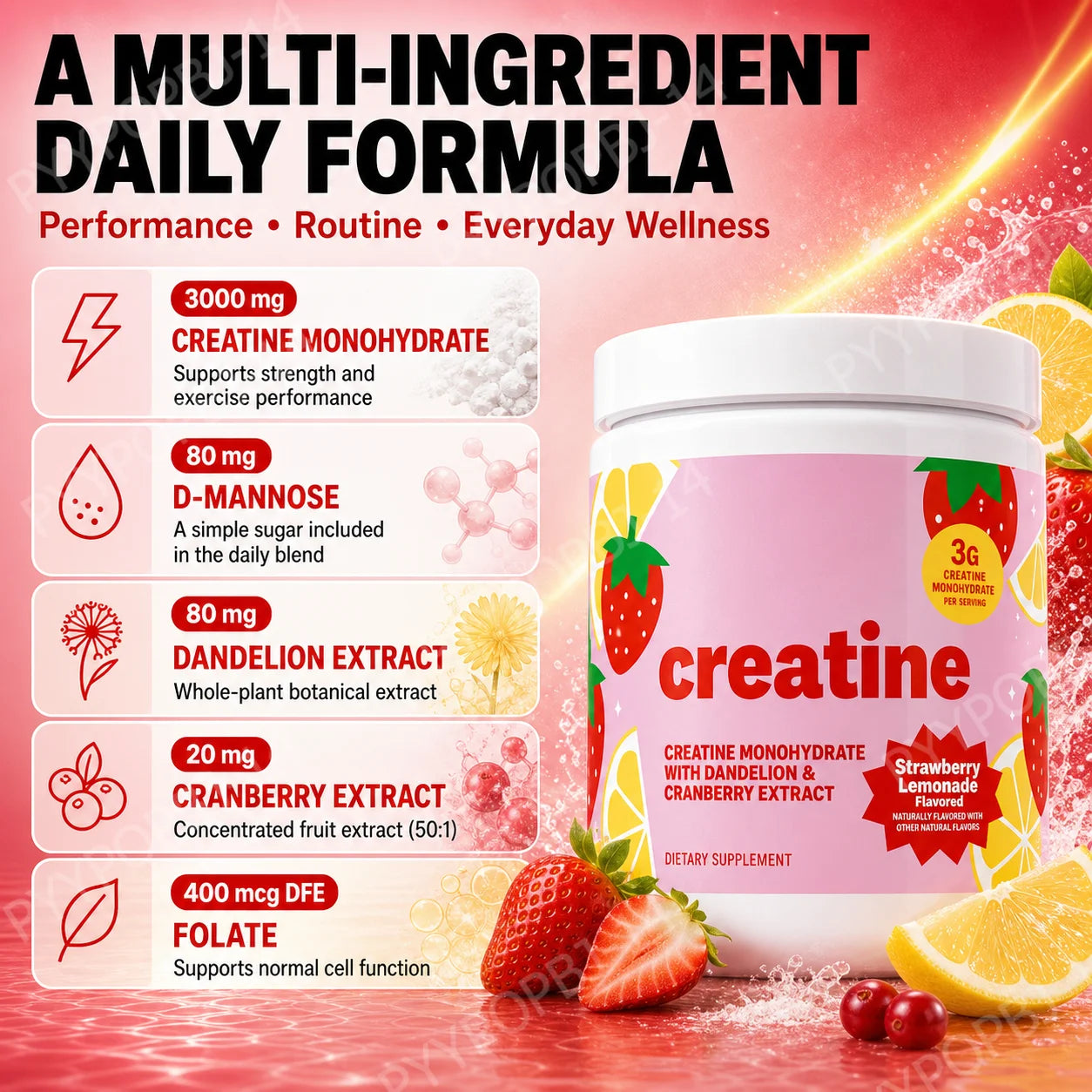 Creatine Monohydrate Powder 3000mg with Folate, Strawberry Lemonade Flavor, 275g