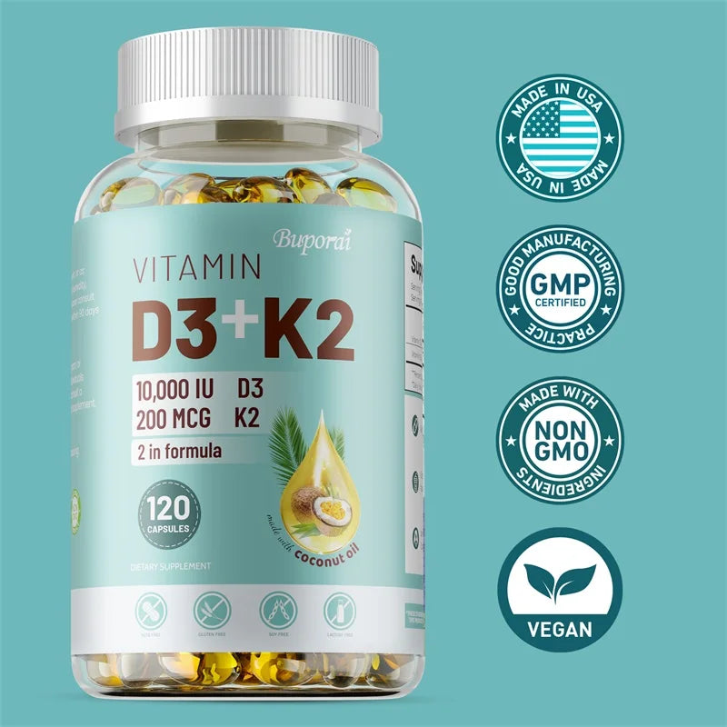 Vitamin D3 + K2 Dietary Supplement for Adults - 30/60/120 Capsules