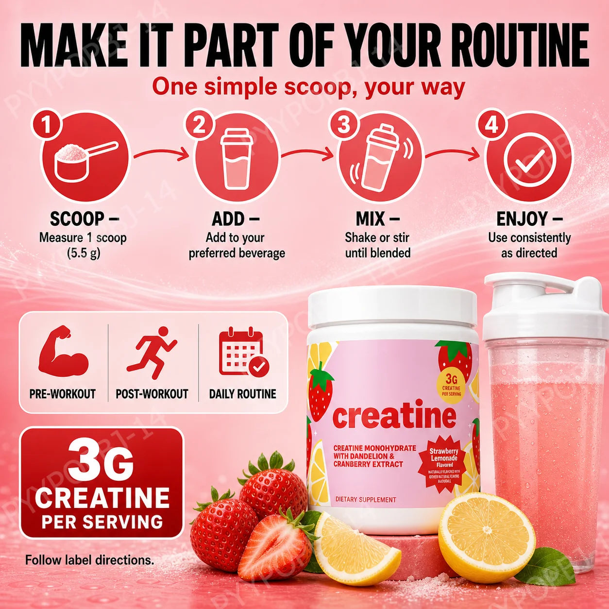 Creatine Monohydrate Powder 3000mg with Folate, Strawberry Lemonade Flavor, 275g