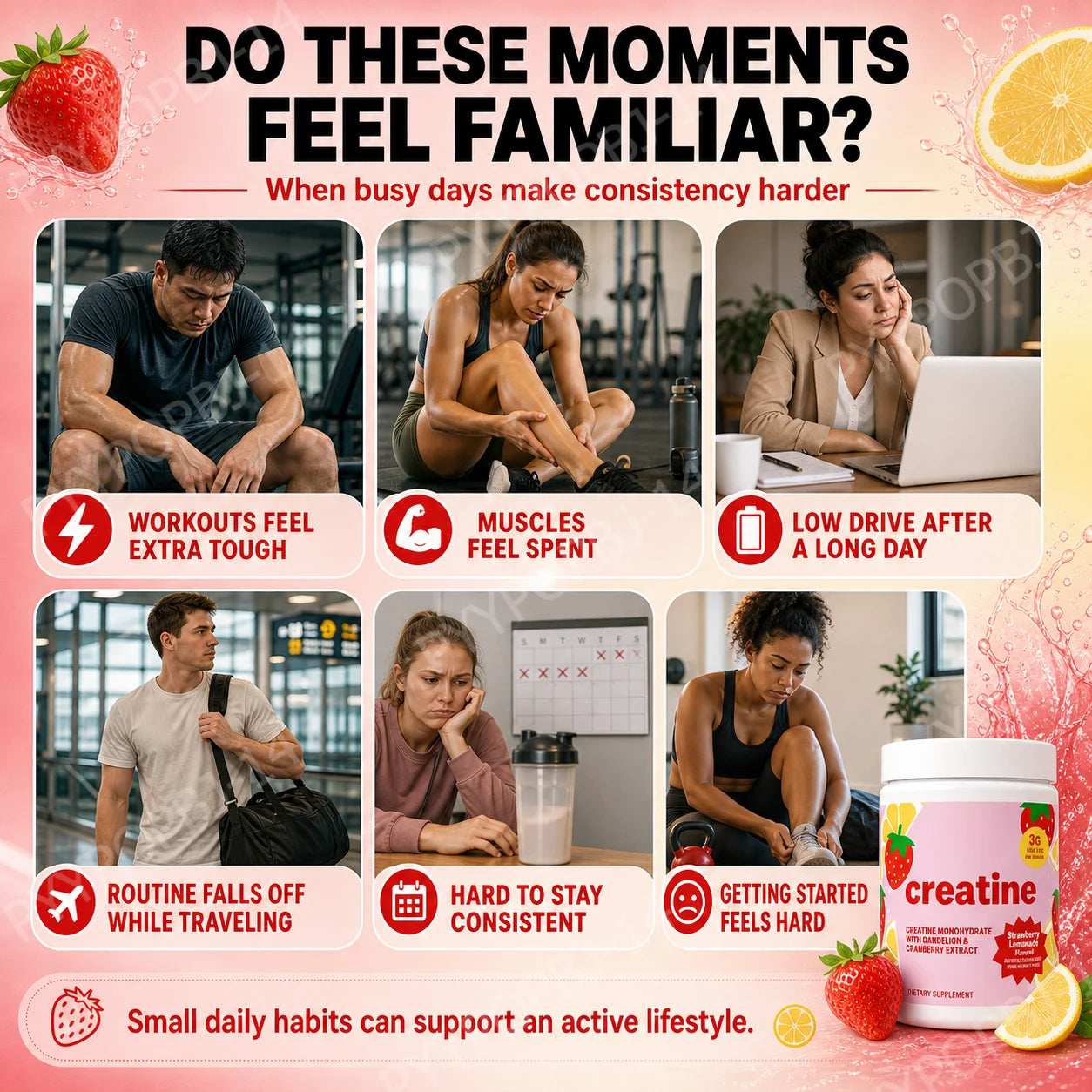 Creatine Monohydrate Powder 3000mg with Folate, Strawberry Lemonade Flavor, 275g